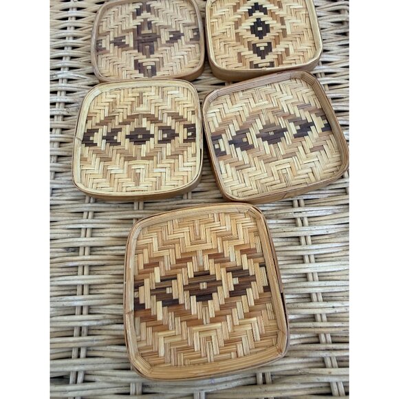 Vintage 70s Wicker Rattan Set of 5 coasters Barware Retro Boho - Picture 8 of 12